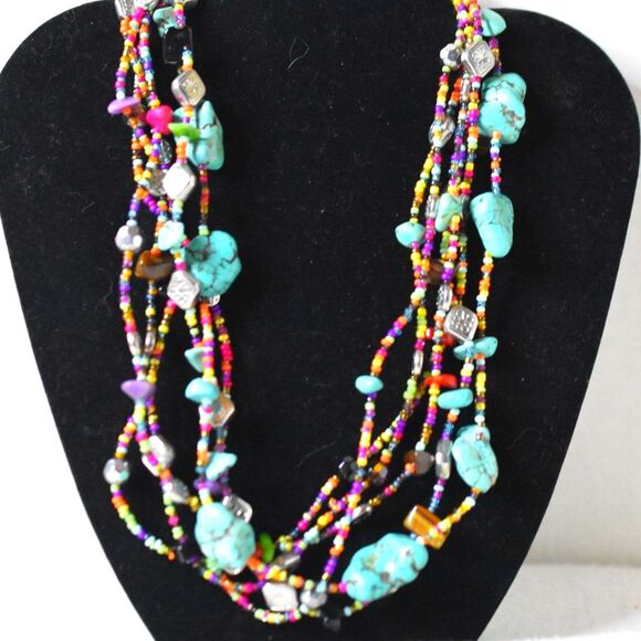 Genuine Turquoise Layered Multi Color/Shape Beads/Stones Silver Tone Necklace - Picture 1 of 5